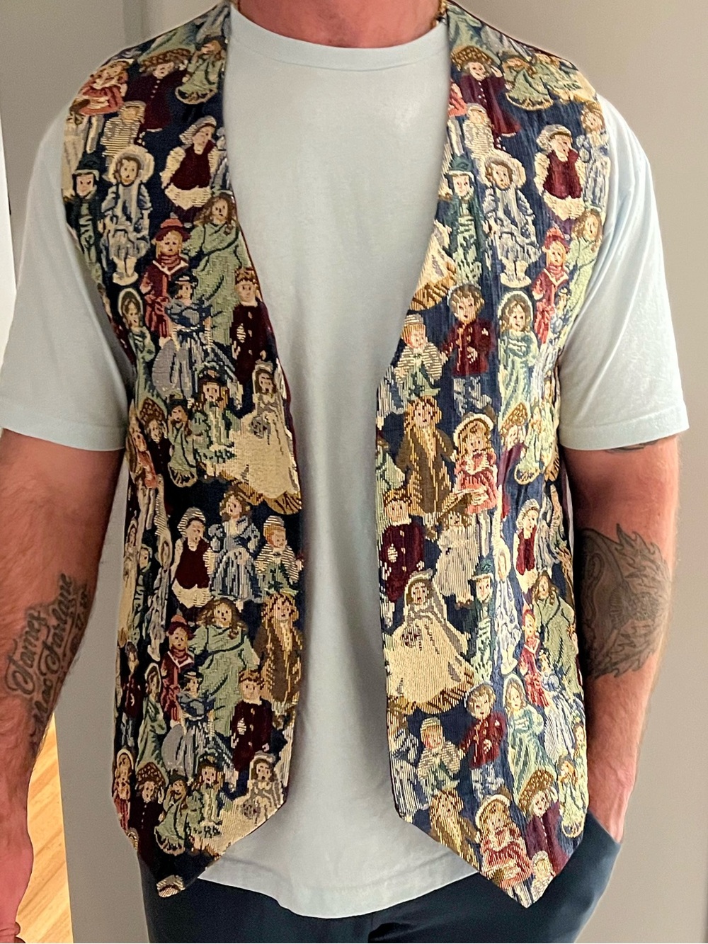 Vintage 90s Needlepoint Tapestry Vest Large Angel Villagers Dad wedding Cherub